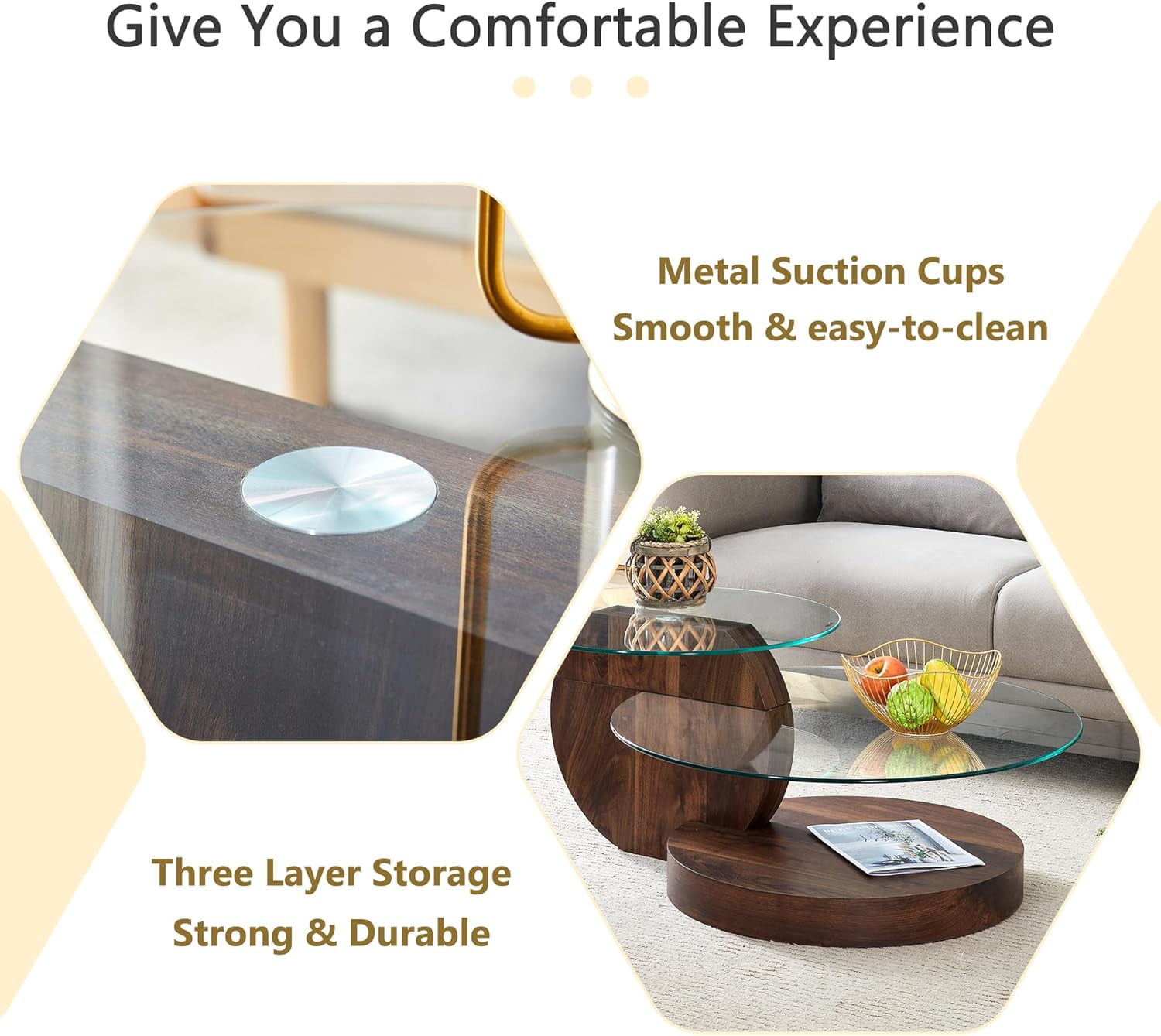 StnTalk 42" Round Coffee Table, 3-Tier Glass Coffee Table with Imitation Wood Grain MDF Base, Modern Storage Center Table for Living Room, Small Space, Apartment