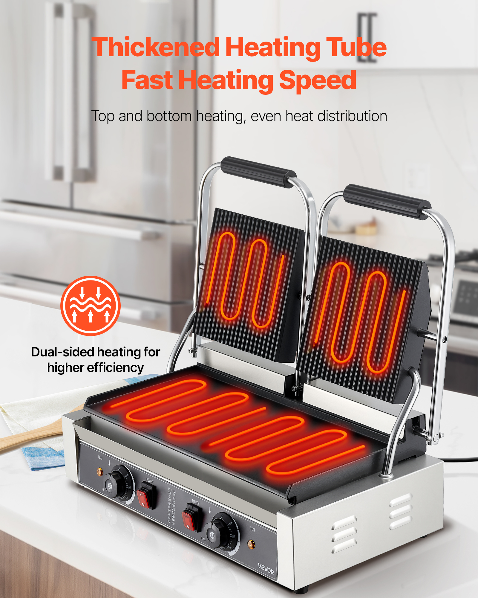 VEVOR Commercial Panini Grill, 3600W Electric Sandwich Panini Maker, Stainless Steel Double Sandwichs Press Grill with Handle and Temp Control, 19x9 in Flat Enamel Plate for Hamburger Steak Bacon