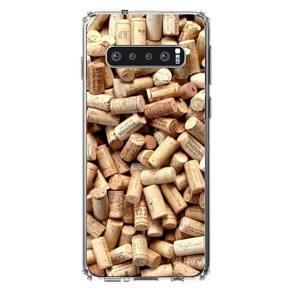 DistinctInk Clear Shockproof Hybrid Case for Samsung Galaxy S10 (6.1" Screen) - TPU Bumper, Acrylic Back, Tempered Glass Screen Protector - Wine Corks Image Print - Printed Cork Image