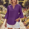 thumbnail image 2 of Jsaierl Women's 3/4 Sleeve Cotton Linen Tops Plus Size V Neck Shirts Ruffle Trim Boho Solid Petite Blouses Work Vacation Tunic Top S-2XL, 2 of 7