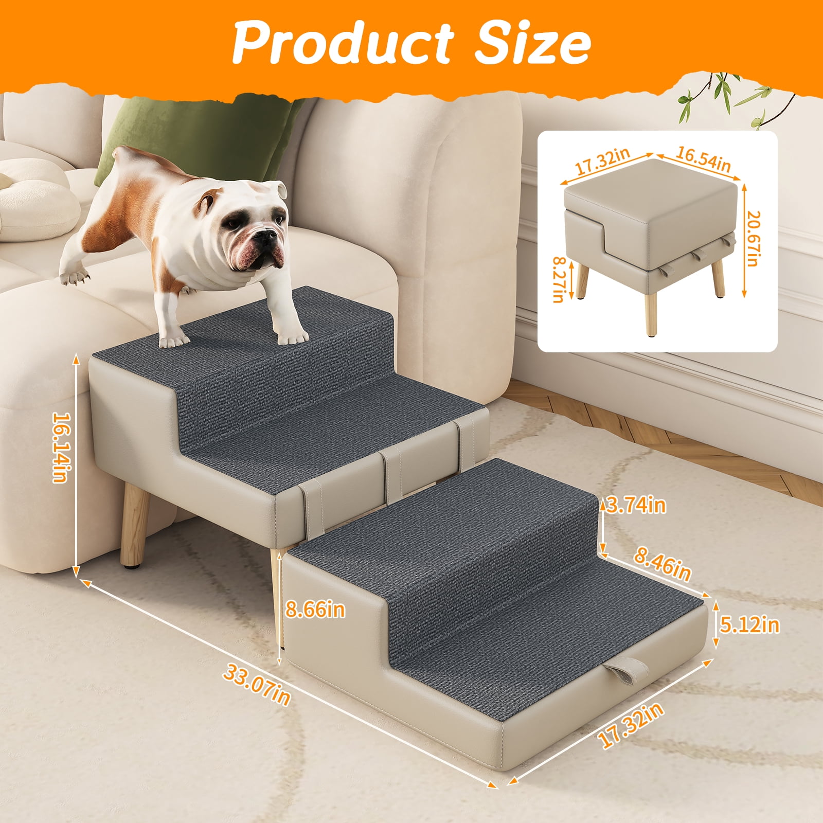 4-Step Ottoman Dog Stairs, 2-in-1 Foldable Pet Ramp for Bed, Dog Ramp for Small Puppy and Cats, Sturdy Wood Frame Support with Non-slip walking surface, Holds Up To 220lbs ( Light Grey Color )