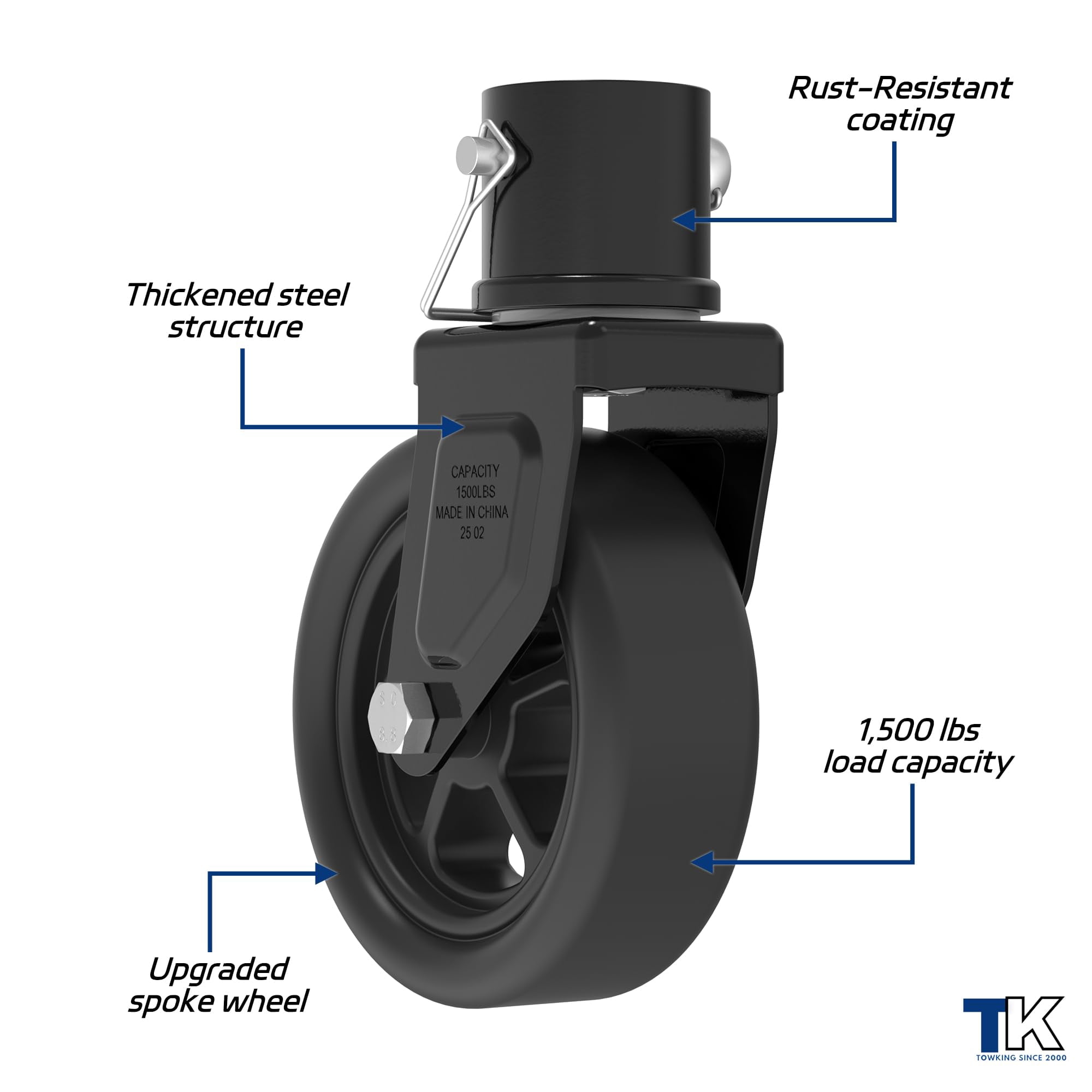 TOWKING 1500lbs 6" Trailer Jack Swivel Caster Replacement with Upgraded Spoked Wheel and Pin, Black