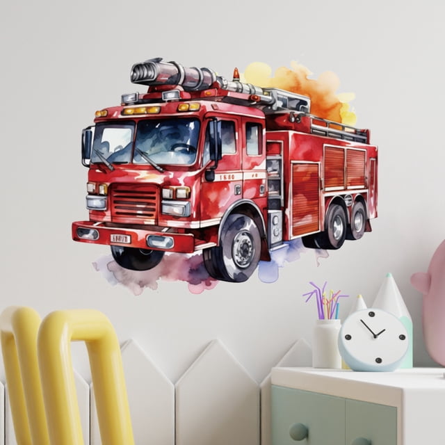 Adhesivos de pared de PVC para camión de bomberos, dibujos animados rojos, 29,5 x 29,5 cm