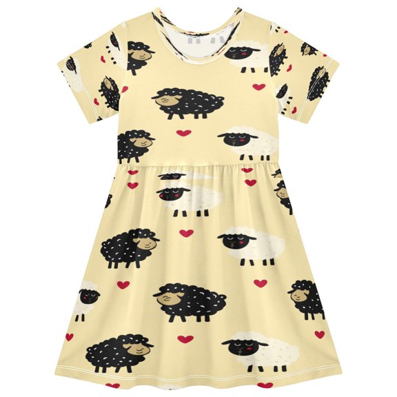 Toddler Girls Short Sleeve Summer Dress, Cute Casual Print Dress for Girls 2-8 Years, Soft Breathable Comfortable Daily Beach Party Dress Cute Sheep Heart Pattern