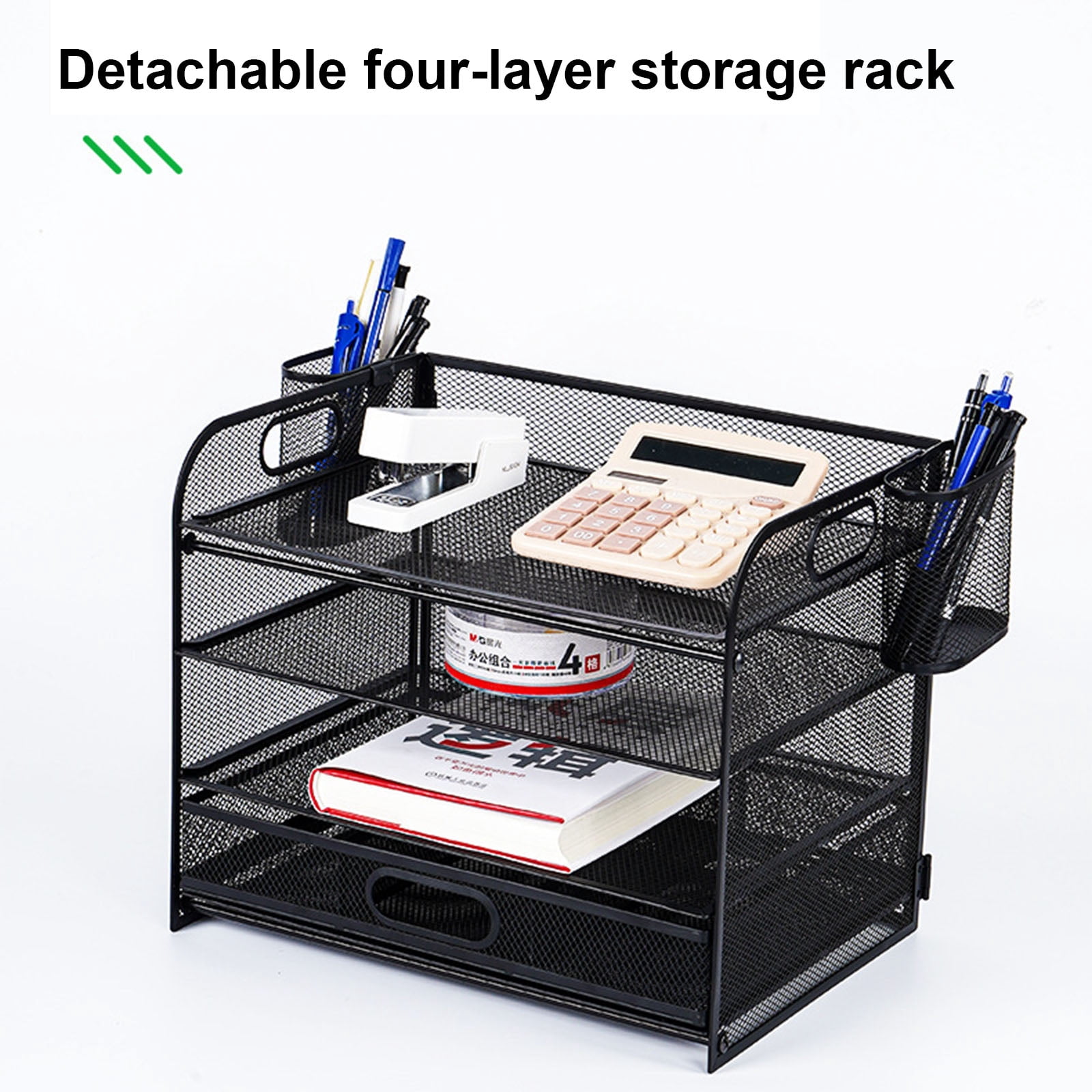 4-Tiered Paper Letter Tray Organizers with Sliding Drawer & 2 Pen Holder, Desk Organizers for Office Office Accessories