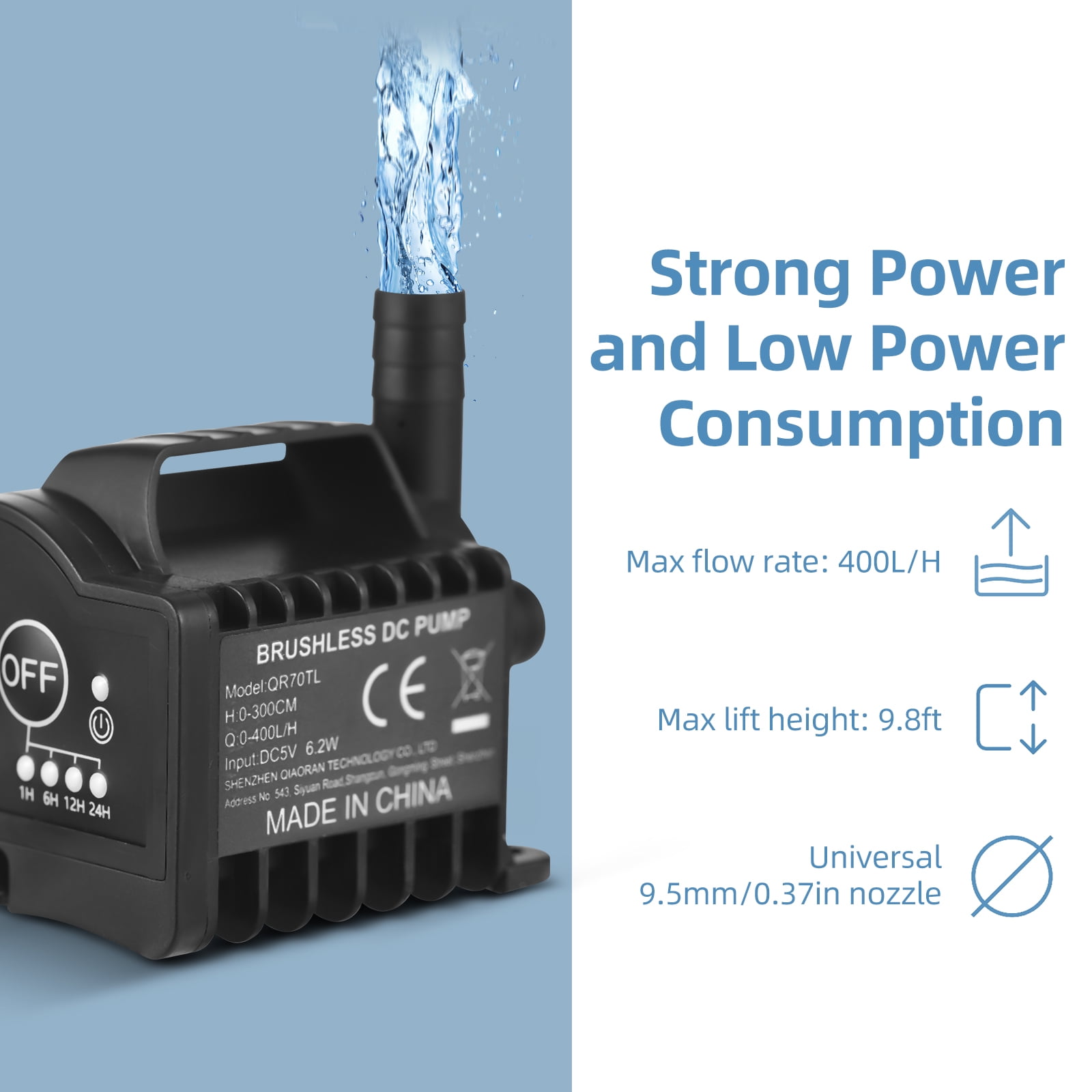 Mini 5V Water Pump with 4 Gear On/Off Timing, Acceleration and Deceleration Function, Max 400L/H Flow 9.8ft Lift, USB Charging Cable and Suction Cup Base