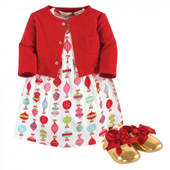 Little Treasure Baby Girl Cotton Dress, Cardigan and Shoe 3pc Set, Glitzmas, 0-3 Months