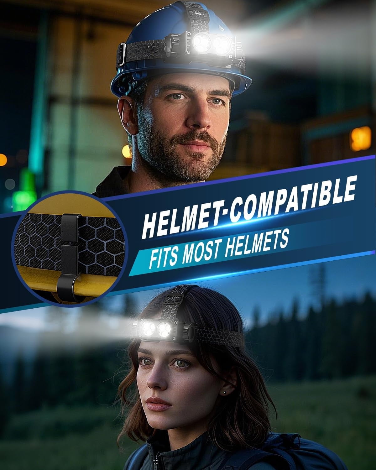 Rechargeable Headlamp (2PCS), 4500 Lumen Ultra-Light LED Headlamp, Waterproof with Headband, for Camping and Hiking, Black.