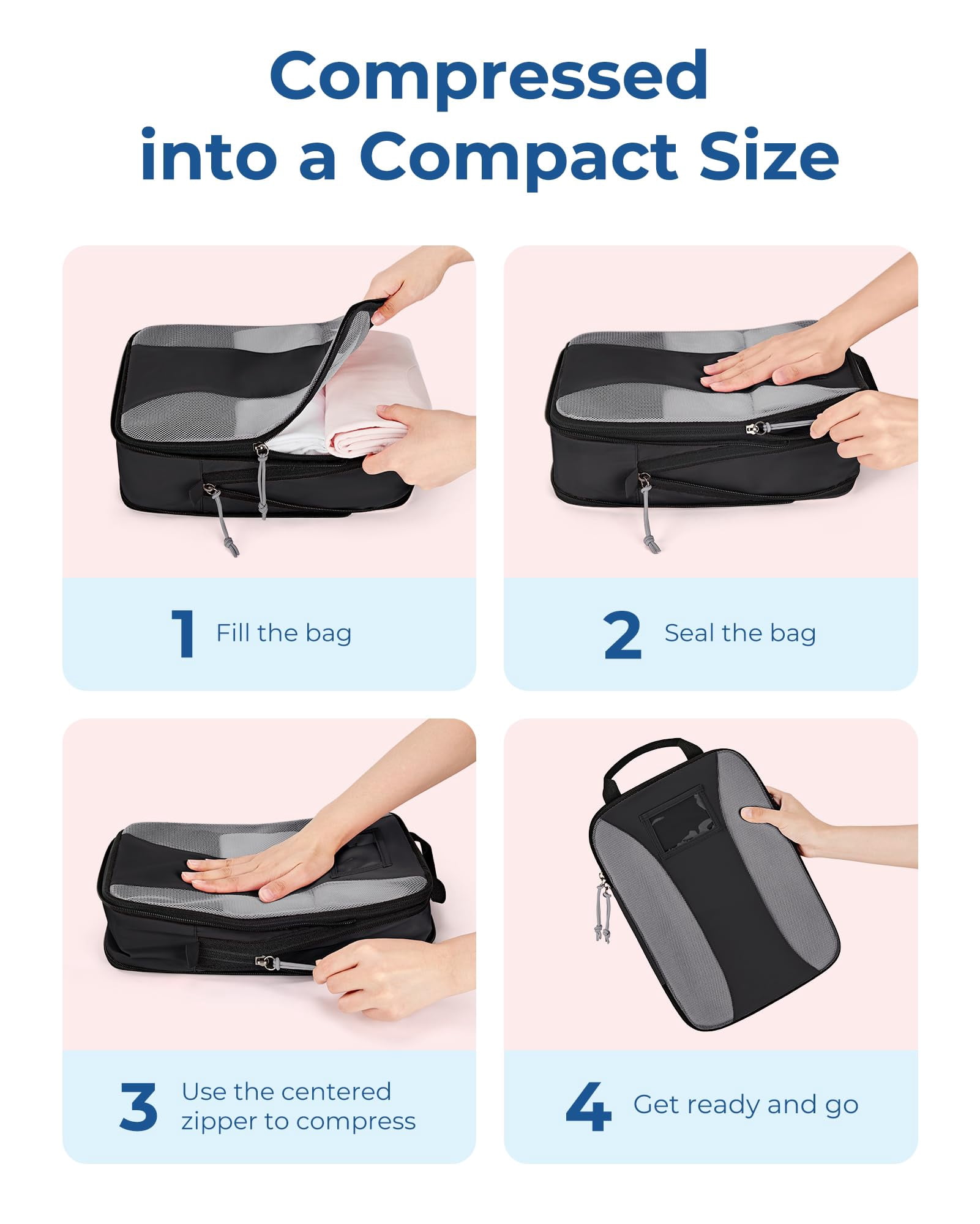 BAGSMART Compression Packing Cubes, 6 PCS Packing Cubes for Suitcases, Travel Bags Organizer for Luggage, Lightweight Packing Cube for Travel Essentials, Black