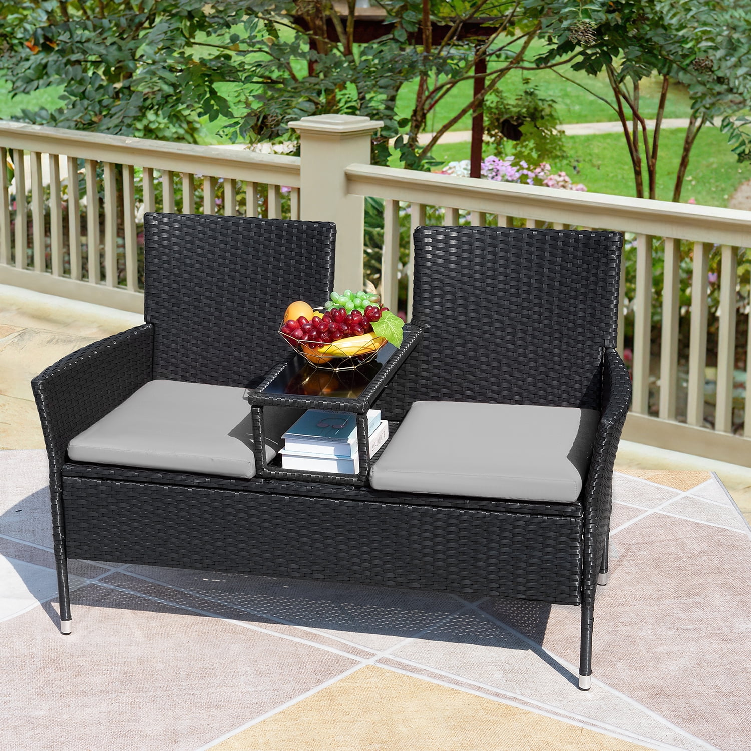 Devoko Outdoor Patio Loveseat Modern Rattan Patio Conversation Furniture Set with Cushions & Built-in Coffee Table Porch Furniture for Garden Lawn Backyard, Gray