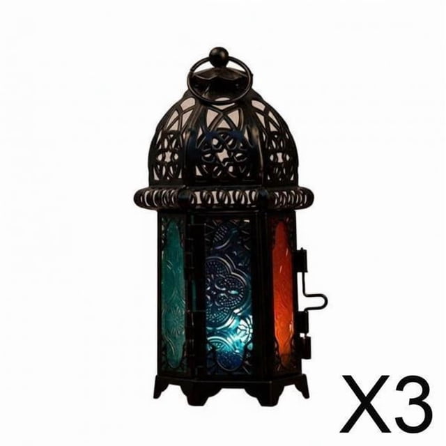 Portavelas de Hierro de 5 Piezas, Farol para Velas Pequeñas, Farol Colgante de Metal Y Vidrio, Portátil, Estilo Rústico Oriental para Cafetería, Resta 3 piezas