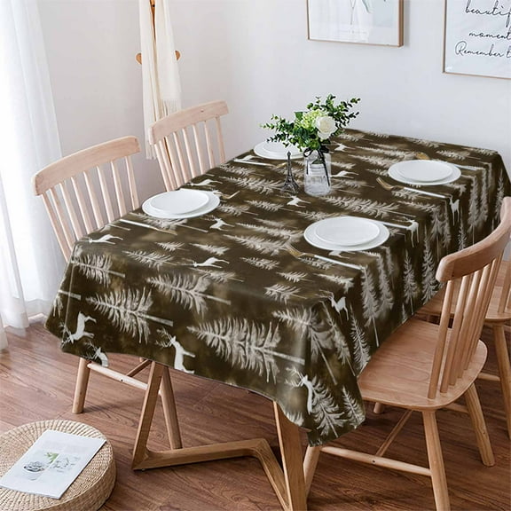 Brown Christmas Tablecloth Rectangle Table Cloth 52x70 , Waterproof Tablecloth Outdoor Table Cloth, Xmas Tree Elk Christmas Washable Table Cover for Kitchen Dining Party