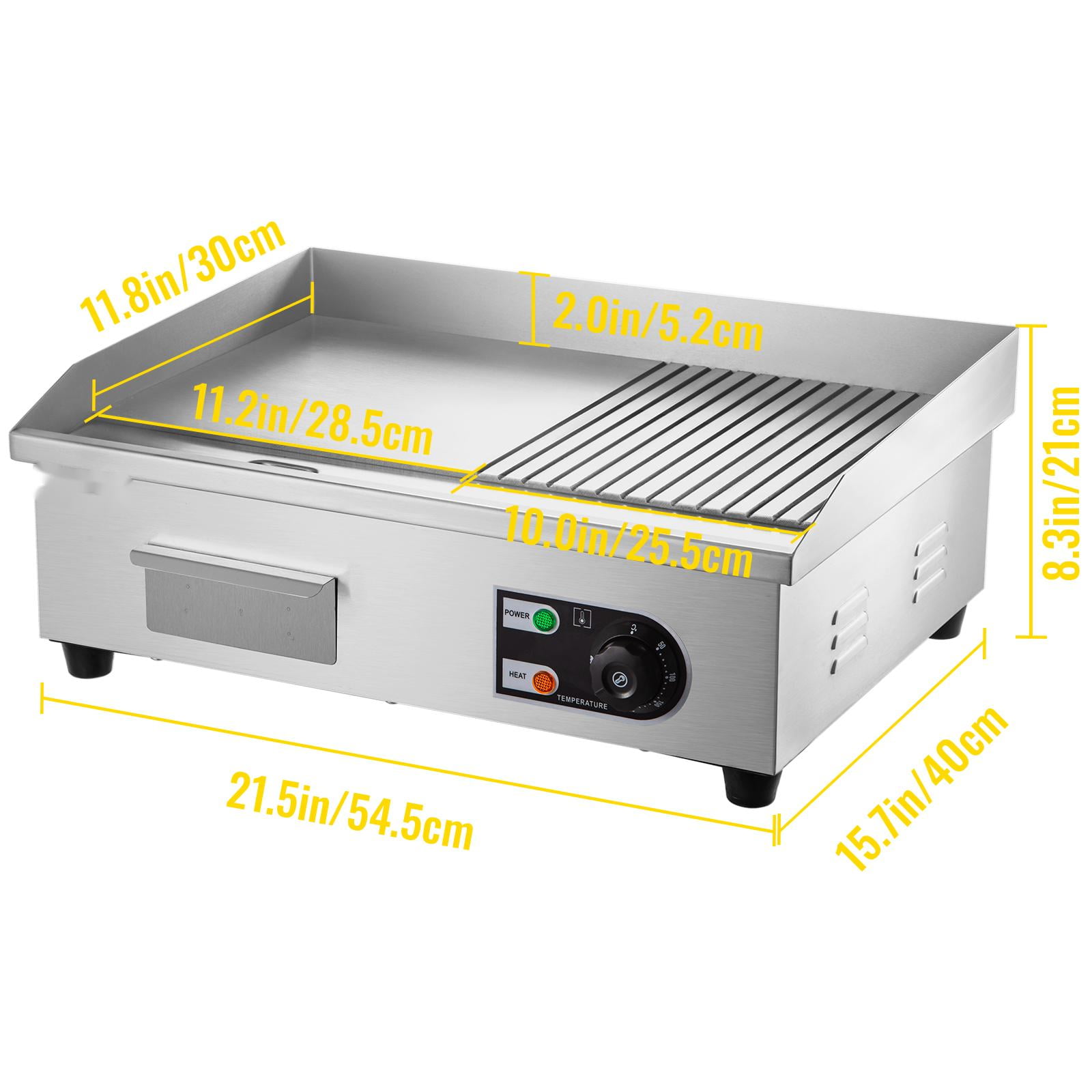 VEVOR 22 Commercial Electric Griddle, 1600W Electric Flat Top Grill, Half Grooved Teppanyaki Grill, Stainless Steel Electric