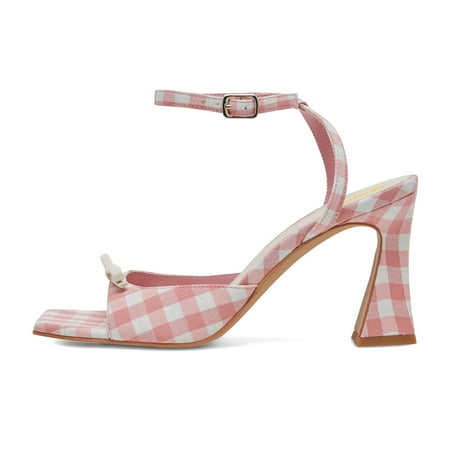 XYD Women Sweet Plaid Flared Mid Heels Open Square Toe Sandals Bowknot Lawn Party Lovely Shoes Size 16 Pink