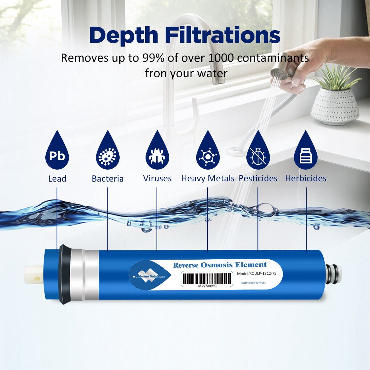 Membrane Solutions Combo Pack Water Filter Replacement Cartridge Compatible GE RO Set GXRM10RBL GXRM10G Reverse Osmosis Systems, 2x Carbon Filters, 1x 75GPD RO Membrane Filter