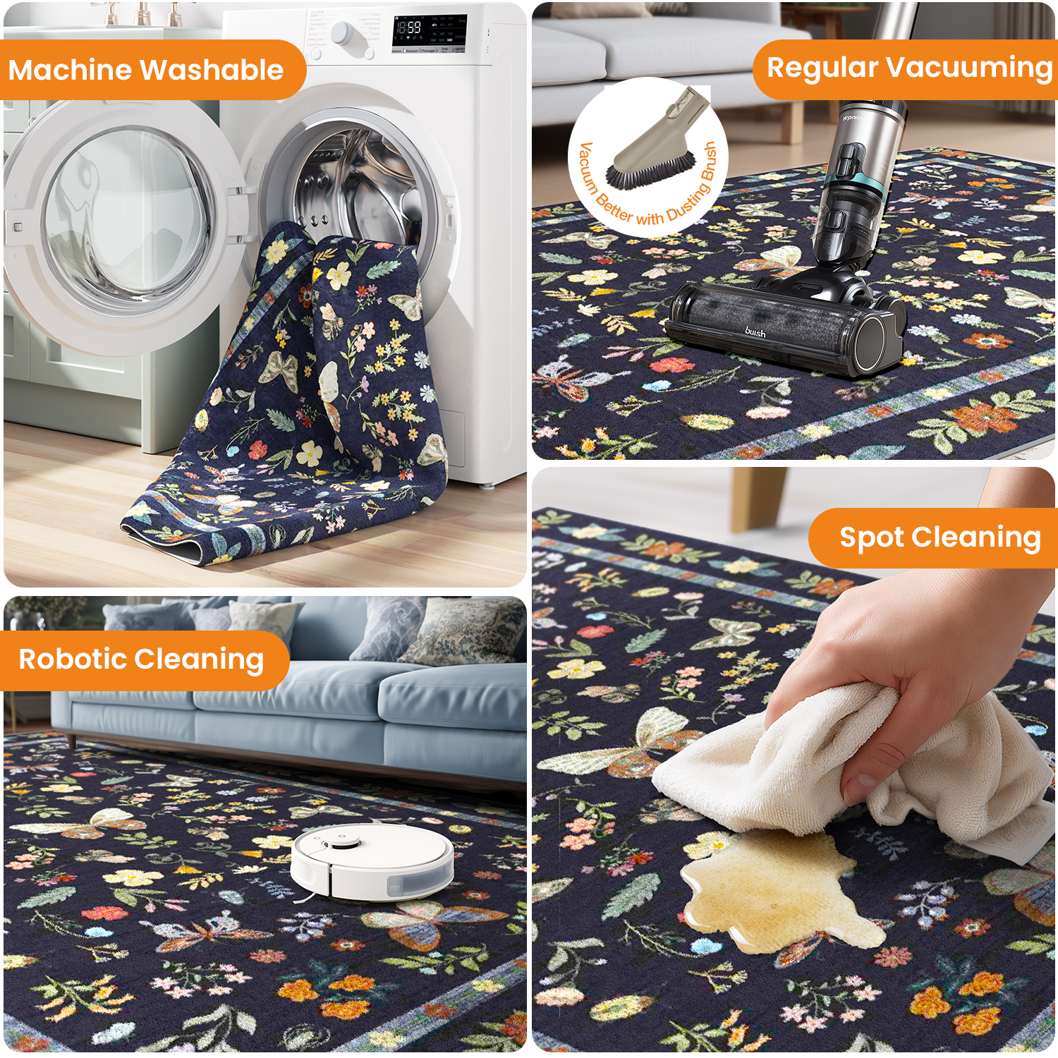 Area Rugs for Living Room, Homasen 5'x7' Washable Indoor Rug Boho Butterfly Black, Soft Low Pile Stain Resistant Carpet for Bedroom, Nursery, Office