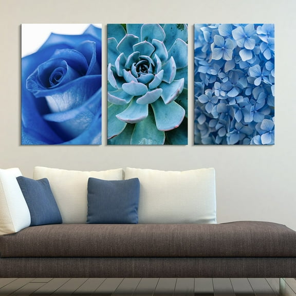 wall26-3 Panel Canvas Wall Art - Blue Rose Succulent Plant and Small Blue Flowers - Giclee Print Gallery Wrap Modern Home Art Ready to Hang - 24"x36" x 3 Panels