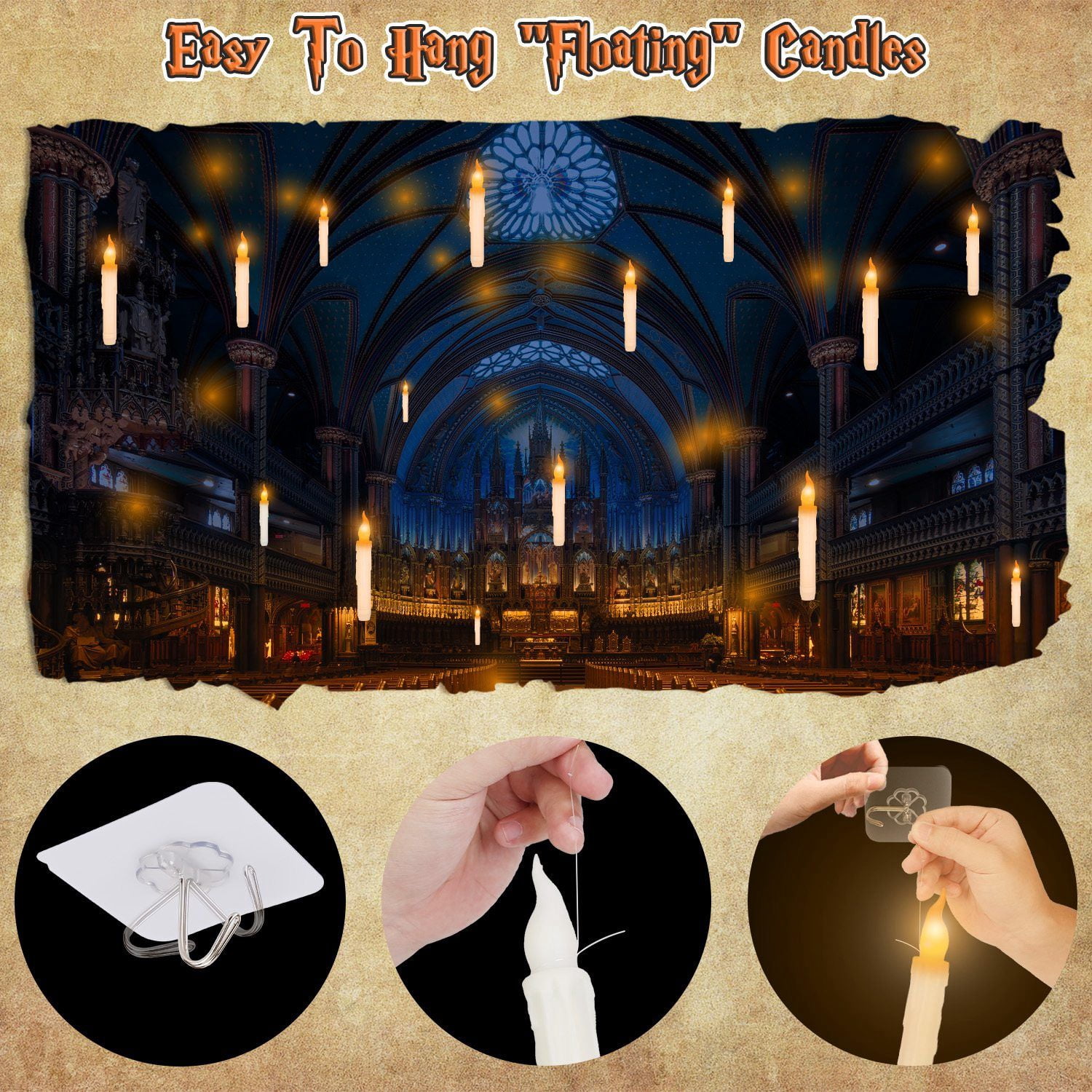 12Pcs Flameless Floating Candle Set with Magic Wand Remote 98ft Fishing Wire for Halloween Christmas Decor