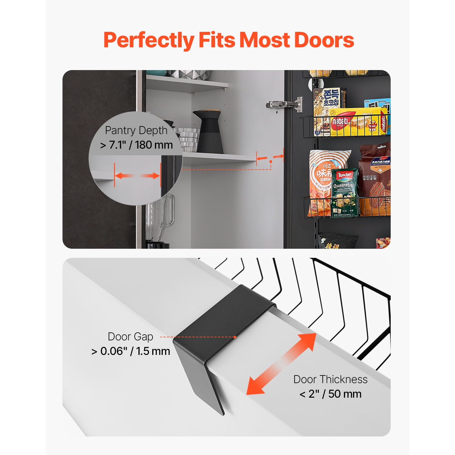 KFFKFF Door-Mounted Pantry Organizer, 6-Level Storage Solution, Robust Steel Constructed Spice Holder, Wall-Mountable Adjustable Seasoning Racks, Suitable for Kitchen, Laundry Area, Bathroom, Black