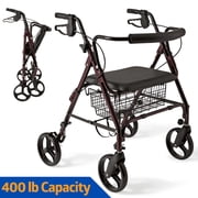Medline Bariatric Rolling Walker with Folding Seat, 8-Inch Wheels, Heavy Duty Steel Frame, 400-lb Capacity, Burgundy