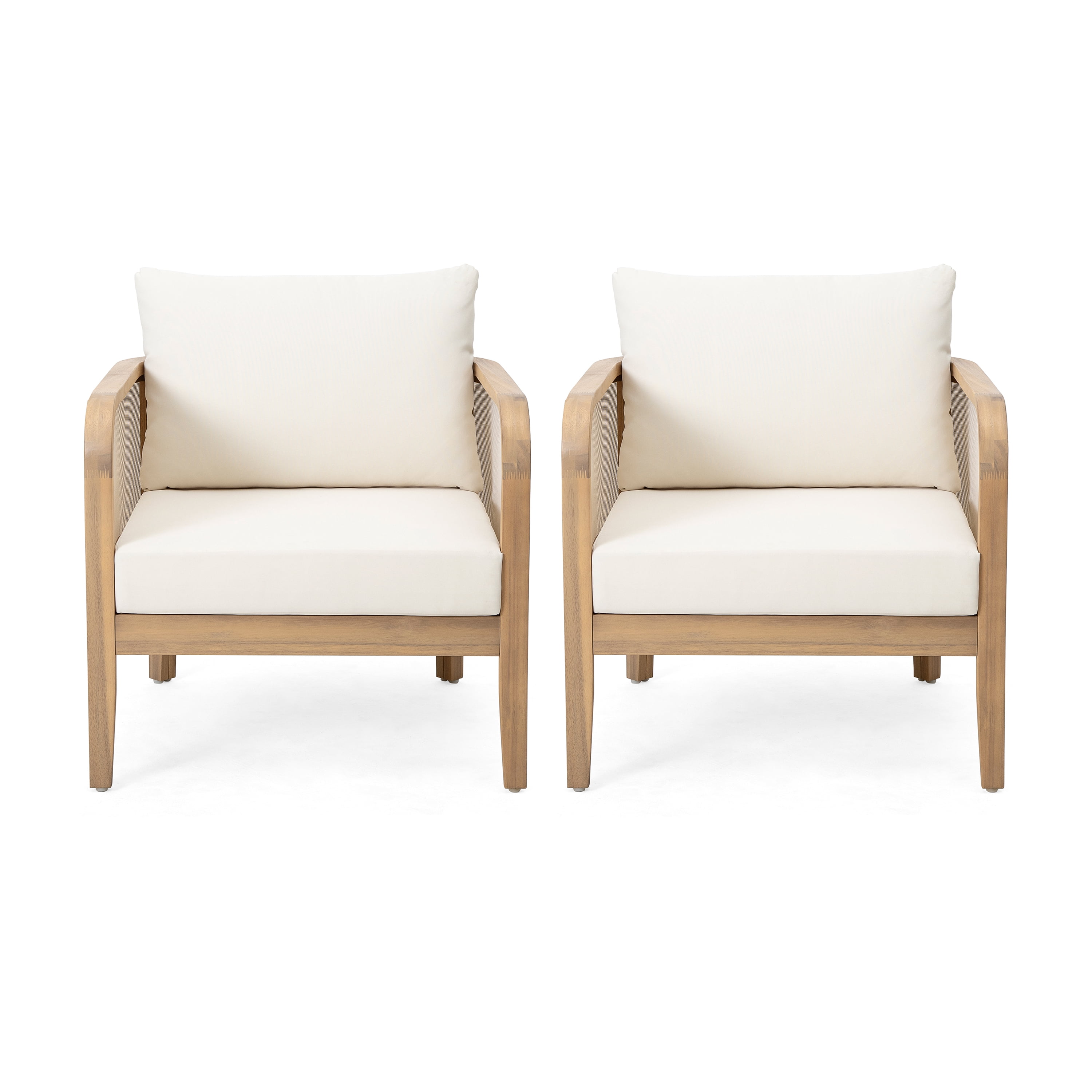 Patio Club Chairs Set of 2 with Acacia Wood and Textilene Mesh, Deep Seating Armchairs and Garden Chairs with Thick Cushions for Porch Backyard, Teak and Beige