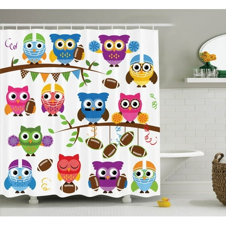 owls home decor shower curtain set, sporty owls cheerleader league owls home decor shower curtain set, sporty owls cheerleader league