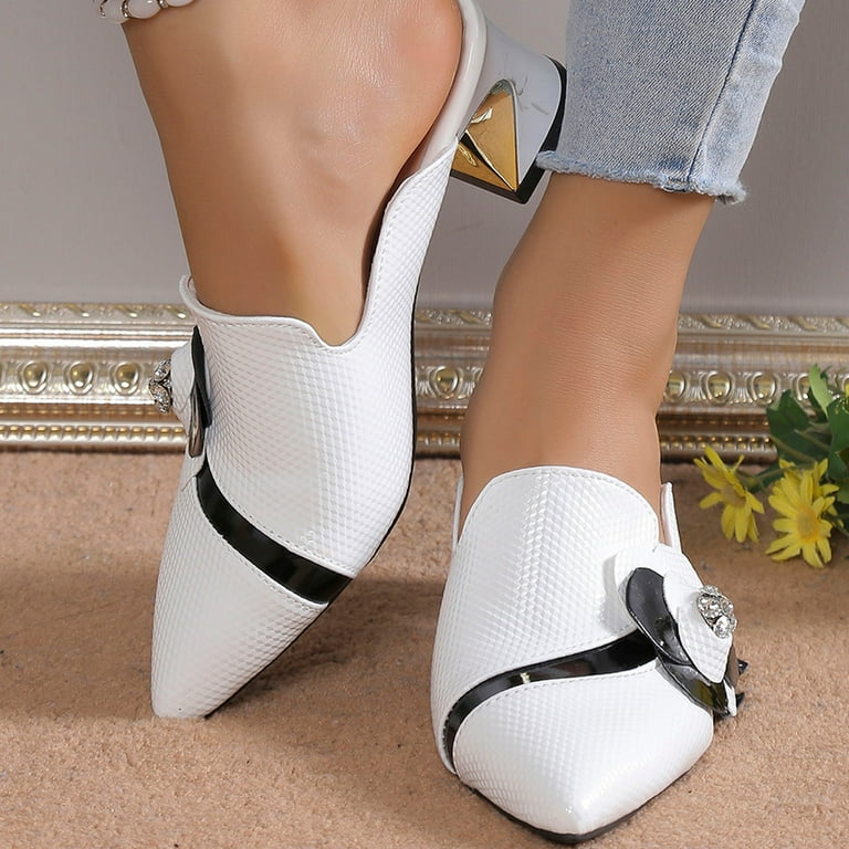 Lovskoo 2024 Women Dressy Summer Flat Mules Pointed Toe Heels Sandals Backless Low Chunky Block Heel Slip On Slide Shoes White