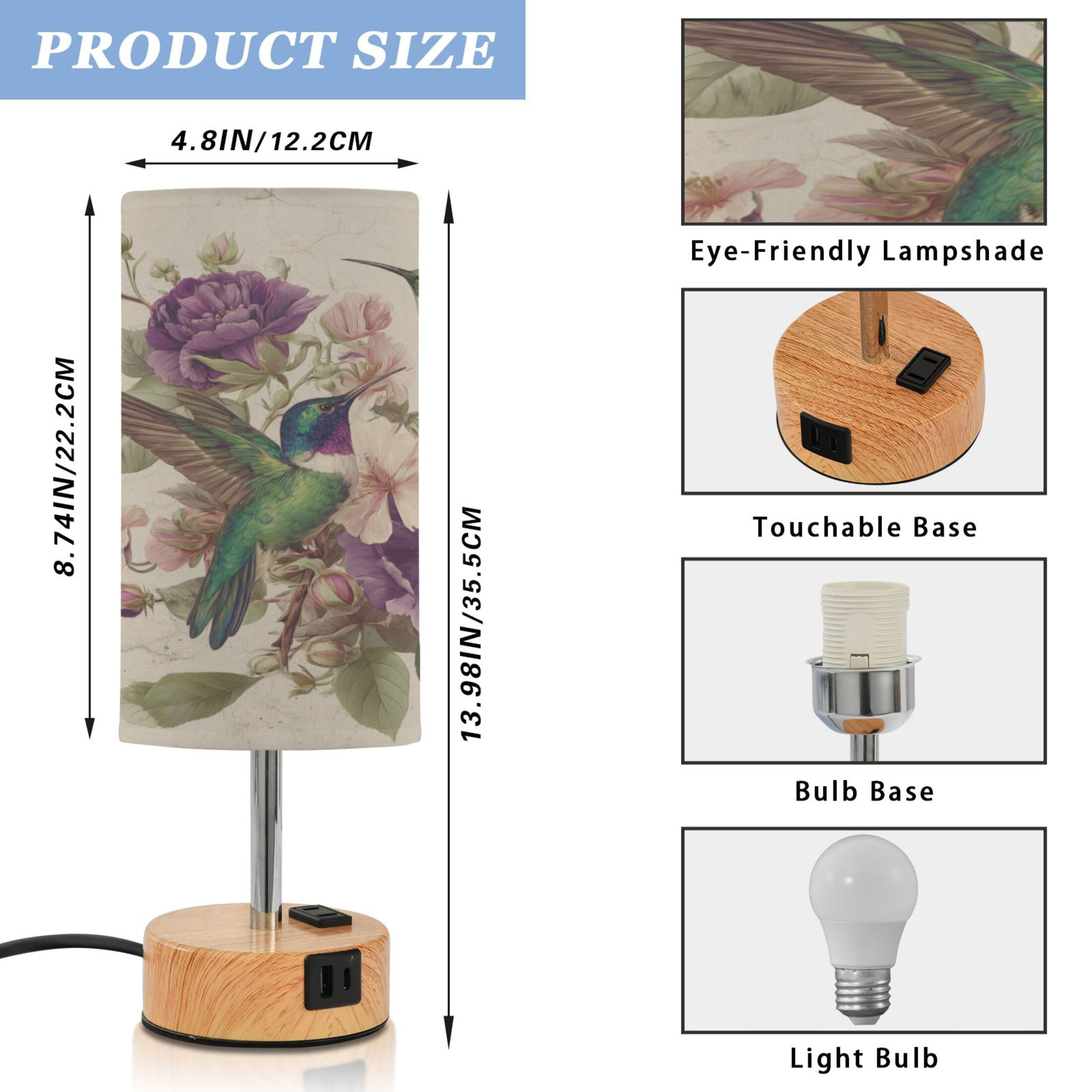 Touch-Control 3-Color Desk Lamp with Plug – Energy-Saving LED + 3 Simultaneous Charging Ports Two Vintage Hummingbirds