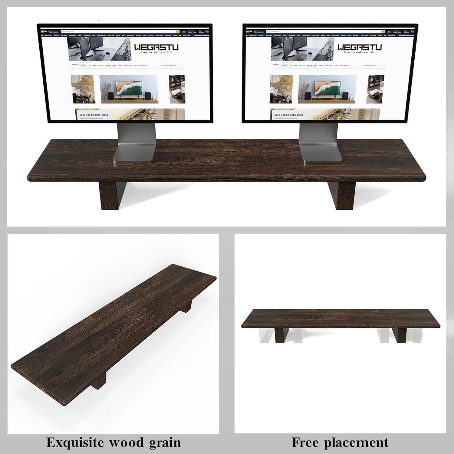 Solid Wood Rustic Desk Monitor Stand with Storage, Large Dual Monitor Riser for Laptop Computer TV PC Printers
