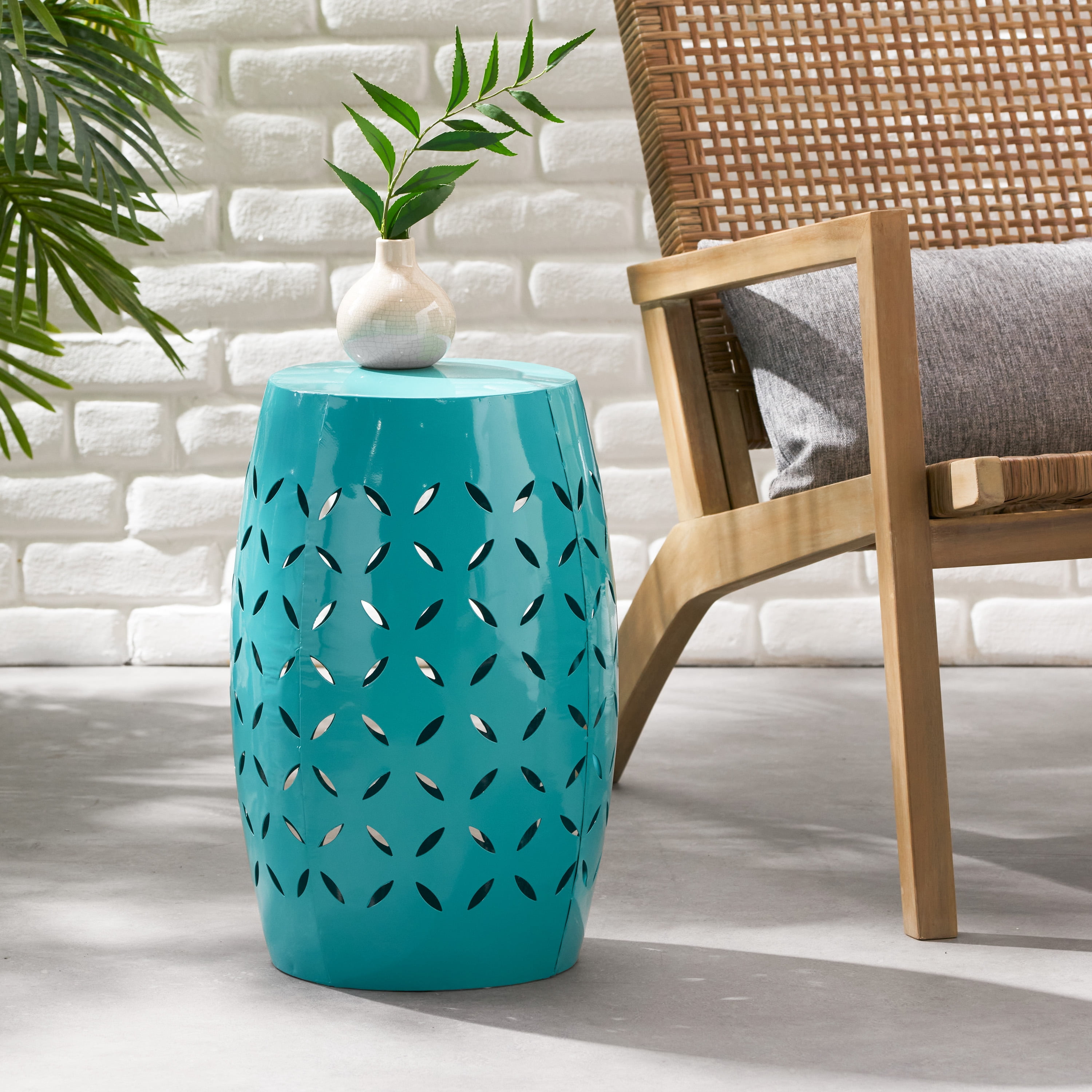 Euroco Lilac 12" Accent Side Table, Cylindrical Design End Table for Living Room, Family Room, or Entryway, Industrial Style,Coffee Side Tables for Indoor Outdoor, Teal Color