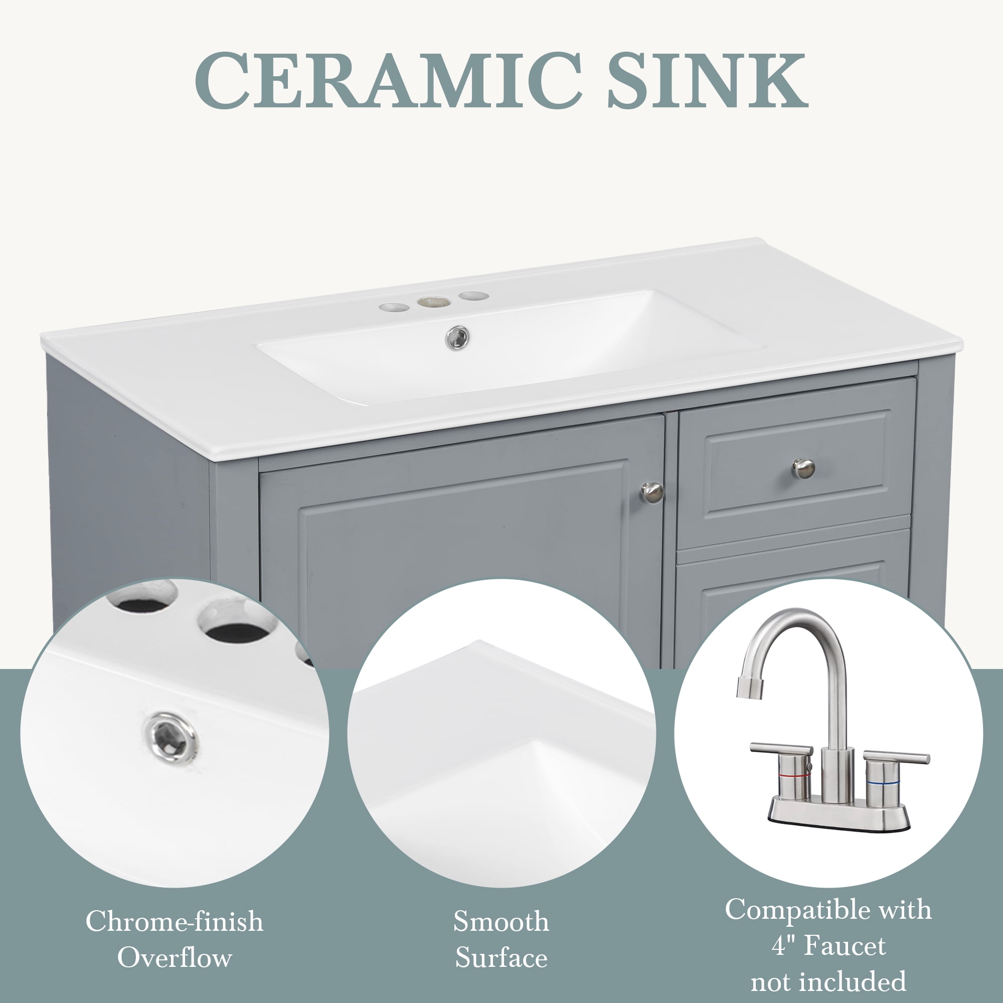 Aukfa 36" Bathroom Vanity with Ceramic Sink, Freestanding Solid Wood Base Cabinet,3 Drawers & Door Shelves,Gray