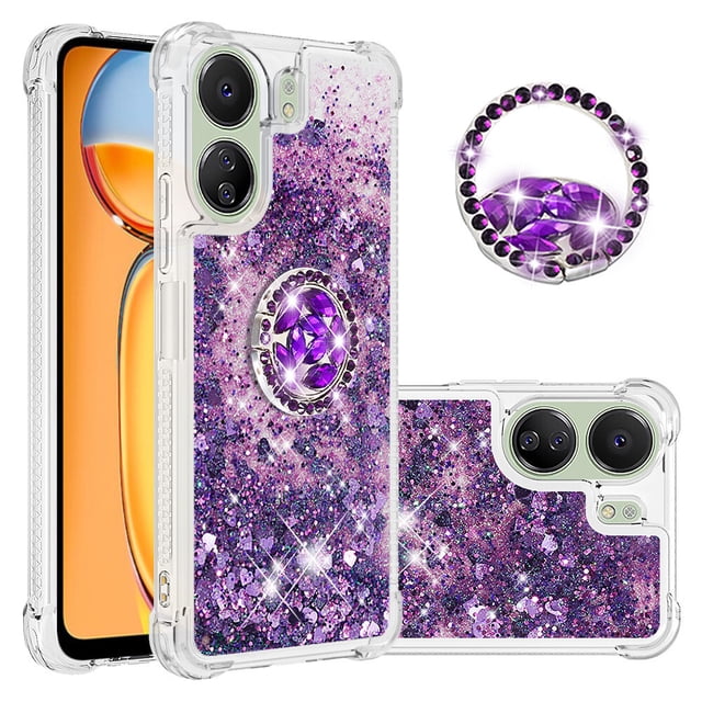 Funda para Xiaomi Redmi 13C 4G con Brillo Líquido Flotante, Purpurina, Parachoques y Anillo Giratorio Soporte