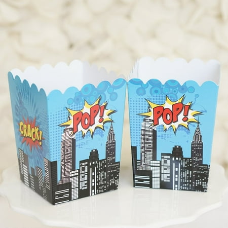 Superhero Popcorn Favor Boxes Batman Superman Theme Black & Blue Gift Boxes - Set of 10