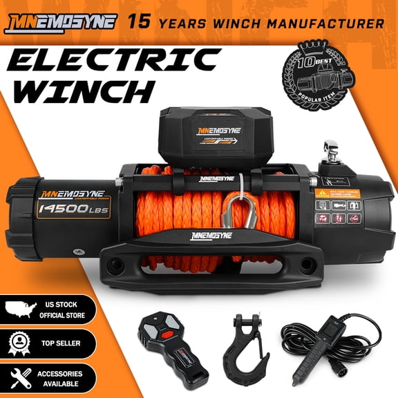MNEMOSYNE 14500LB Electric Winch Electric Truck Winch 12V With Synthetic Rope Fairlead Wireless remote Wired Handle & Infrared Winc for Off Road 4WD 4X4 SUV Boat Trailer Winch