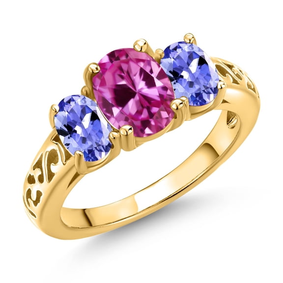 Gem Stone King 18K Yellow Gold Plated Silver Pink Created Sapphire and Blue Tanzanite Filigree Style 3 Stone Ring for Women (2.55 Cttw, Oval 8X6MM and 6X4MM) (Size 9)