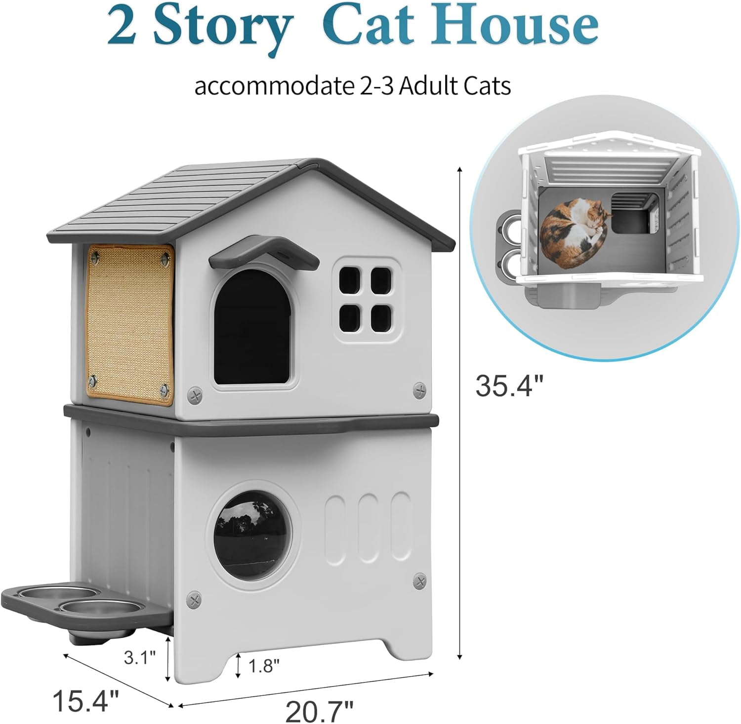 Outdoor Cat House, 2-Story Waterproof Cat House for Outdoor Cats with Escape Door, Elevated Feral Cat House Indoor, Sturdy Stainless Steel Bowl & Scratching Post, Clean Easily
