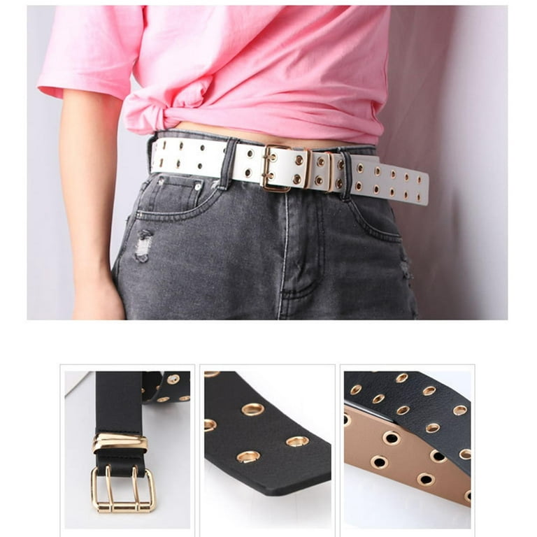 Double Grommet Punk Pants PU Leather for Fashion Eyelet Hollow Vintage Adjustable Accessories, , Gothic Belt, with Jeans. White