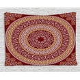 thumbnail image 1 of Greek Key Tapestry, Round and Square Ornament Meander with Floral Motifs and Spirals, Wall Hanging for Bedroom Living Room Dorm Decor, 80W X 60L Inches, Ruby Pale Yellow White, by Ambesonne, 1 of 2