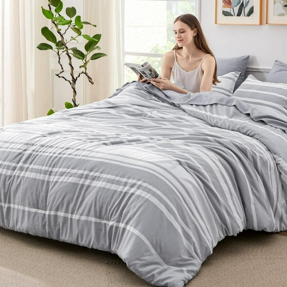 Queen Comforter Set 7 Pieces, Grey Striped Bedding Set for All Seasons, Reversible, Cationic Dyeing Bed in a Bag with Comforter, Sheets, Pillowcases & Shams