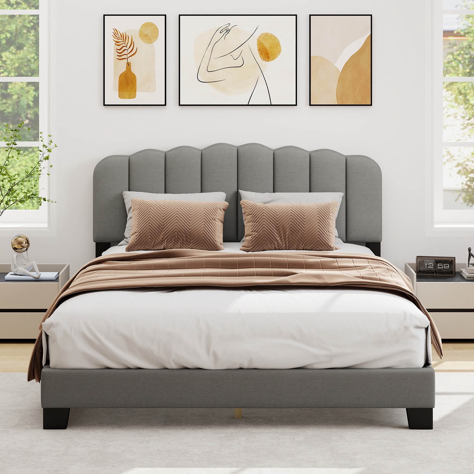 Costway Queen Size Bed Frame Linen Upholstered Platform Bed with Wooden Slat Support