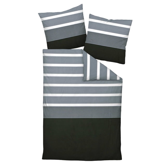 Janine Linge de Lit 2 Pcs - satin maco, Coton, Gris à Rayures 155x220 cm