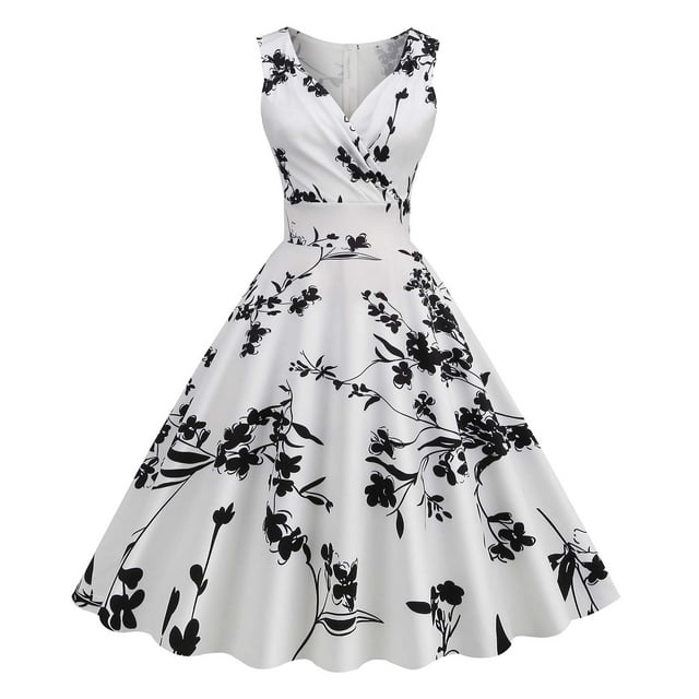 LSLJS Robe Sans Manches à Col en V pour Femme, Mode, Imprimé Vintage, Robe de Soirée Cocktail Évasée, Robes Extensibles Évasées