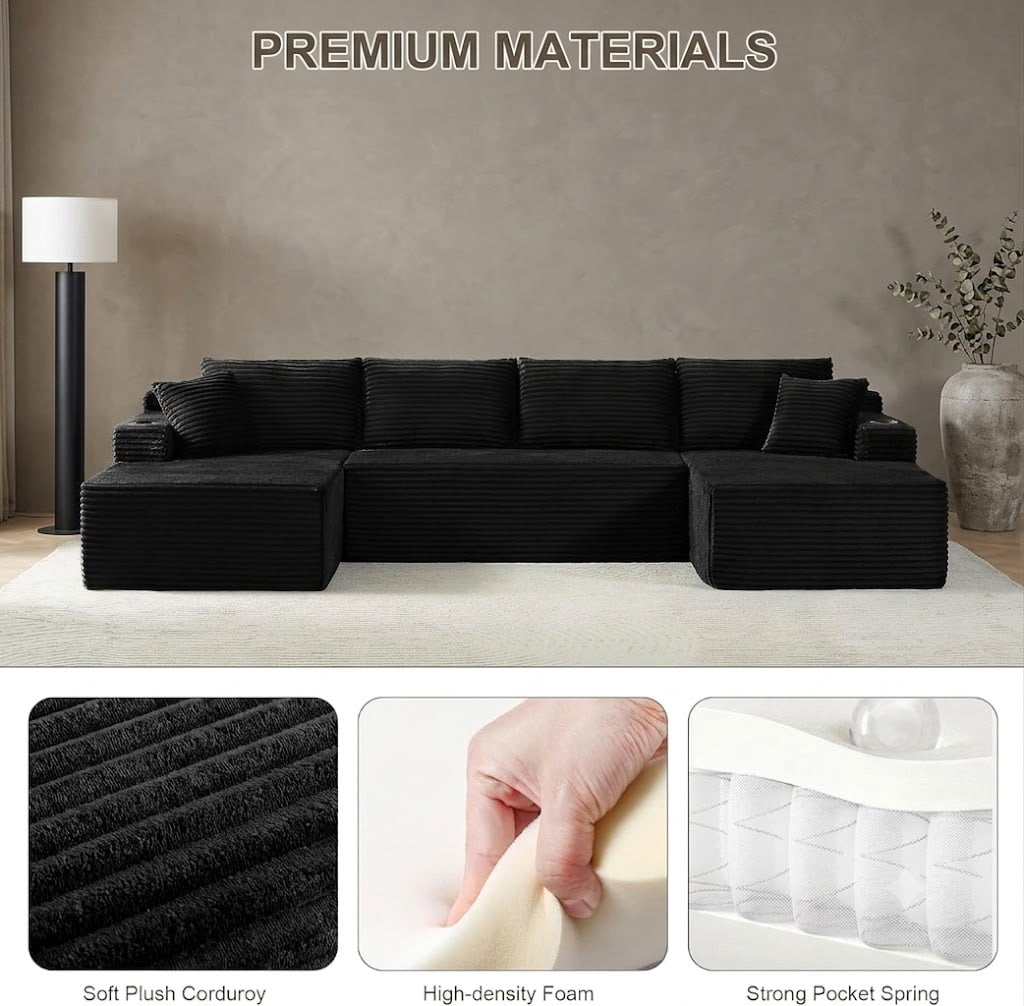 Howcool 133" U-Shaped Modular Cloud Couch Sectional Sofa, Oversized Deep Seat Corduroy Couch with Chaise, Boneless Memory Foam Sofa with Cup Holders & Side Pockets, No Assembly Required,Black