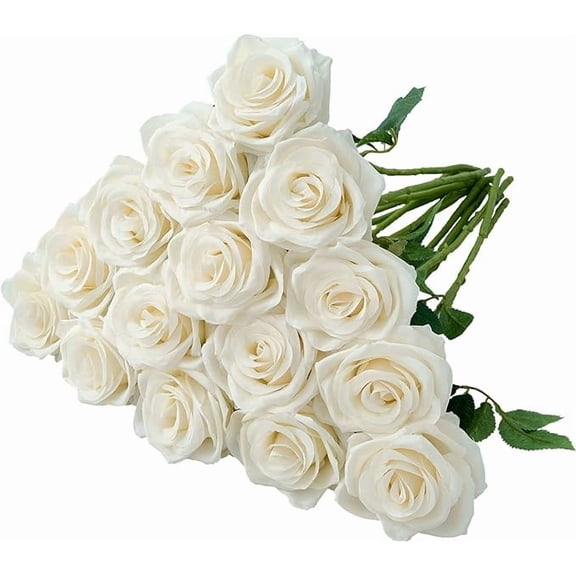 Zukuco 15pcs Champagne Roses Artificial Flowers Silk Flowers Realistic Roses Bouquet Long Stem for Wedding Home Party Birthday Decoration (White)