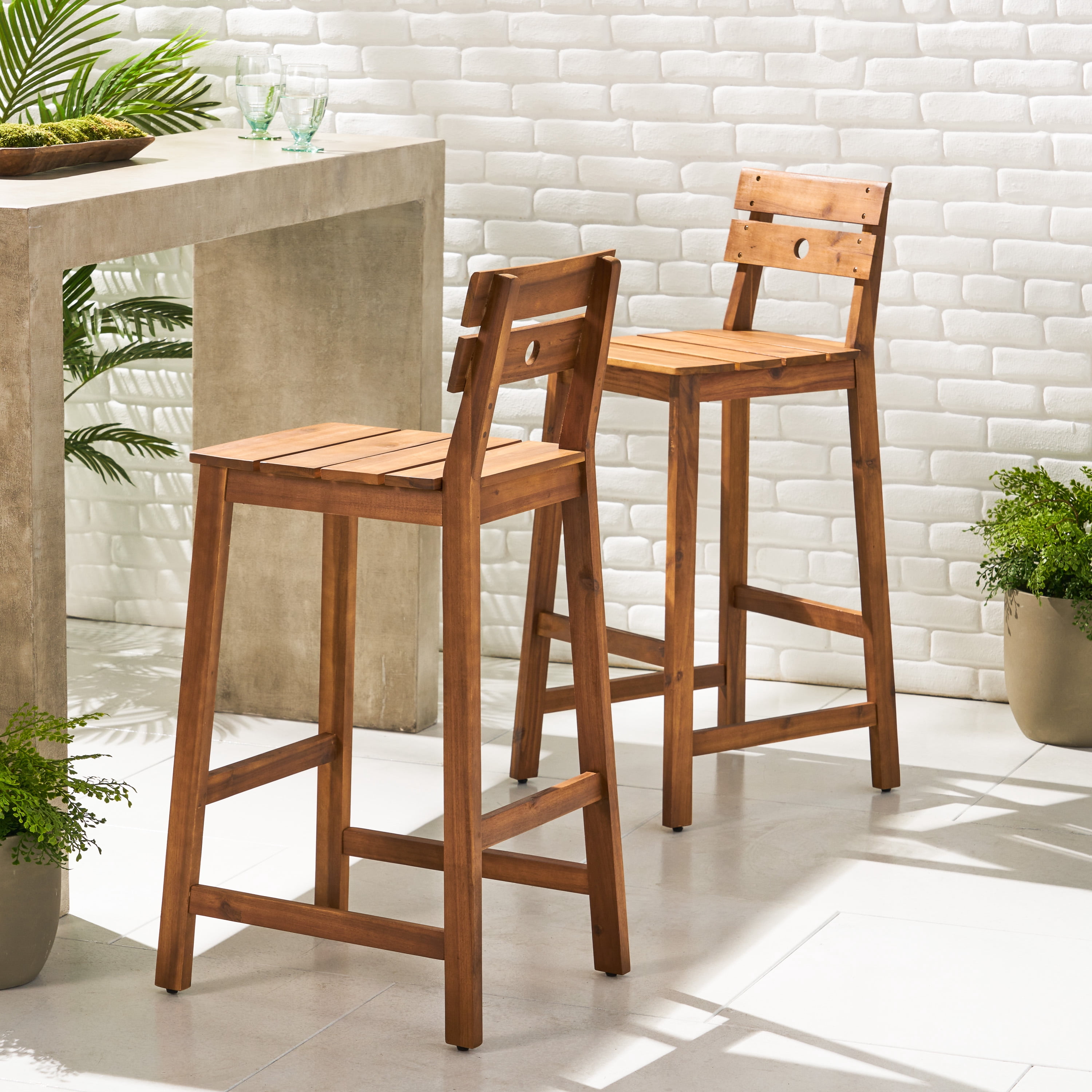 Acacia Wood Bar Stools Rustic Bar Stools Indoor Outdoor Stools,&nbsp;2-Pack Slat Back and Seat Design with H-Frame Legs, for Dining Room and Patio Use, Teak Finish Brown 40.5" High