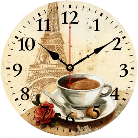 Cozy Hour 9 . 84 Inch Paris Eiffel Tower Wall Clock, Vintage Coffee Cup and Rose Design, Decorative