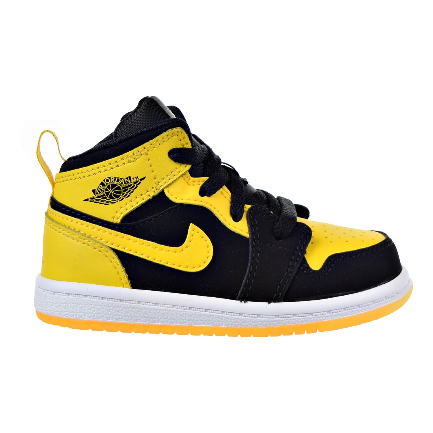 black and yellow infant jordans