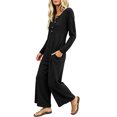 thumbnail image 6 of TEAJOPSUU Womens Waffle Knit Jumpsuit Long Sleeve Button Henley Neck Wide Leg Long Romper with Pockets Casual Loungewear Black, 6 of 7