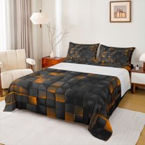 Castle Fairy Futuristic Cubes 4 Pieces Queen Sheet Sets for Boys Girls,Geometric Plaid Grid Ultra Soft Flat Sheet,Black Orange Queen Fitted Sheet,Breathable Home Decor