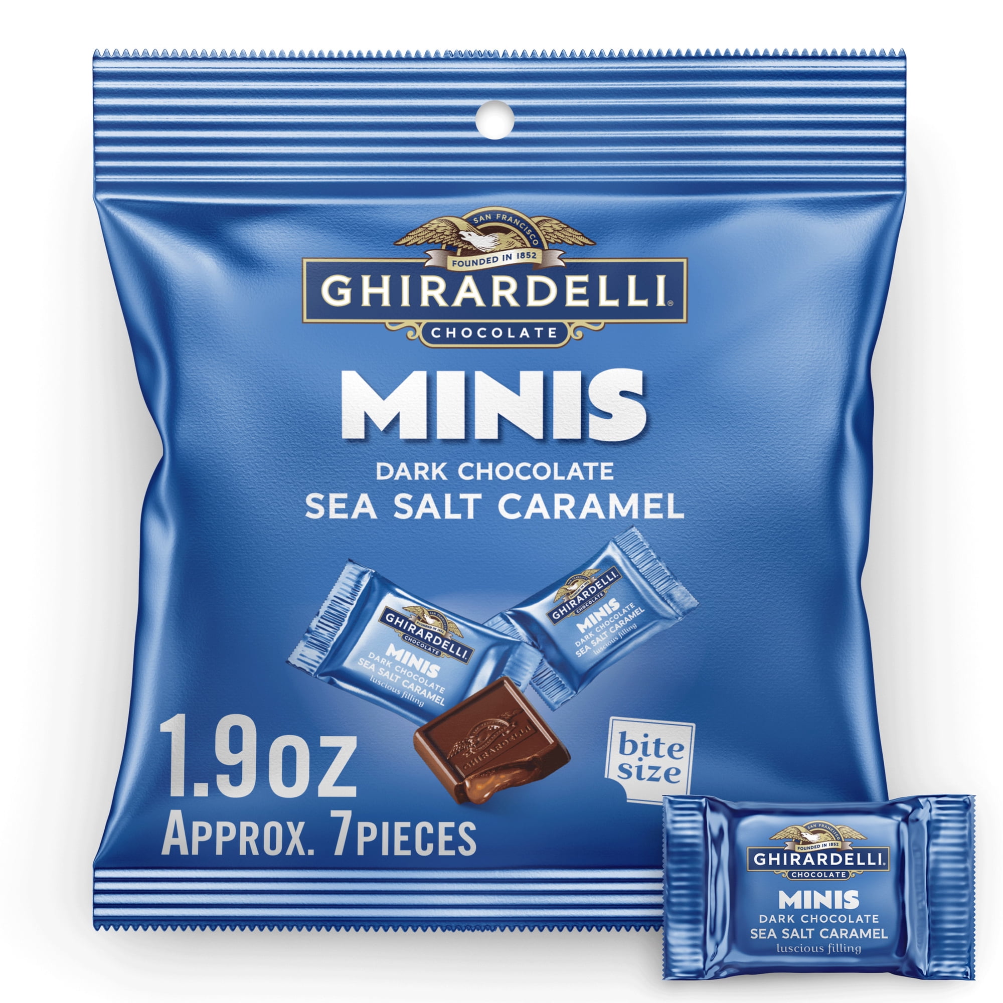 GHIRARDELLI Dark Chocolate Candy Minis with Sea Salt Caramel Filling, 1.9 oz Pouch